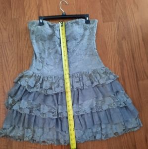Grey strapless, ruffled, lace, tiered mini dress